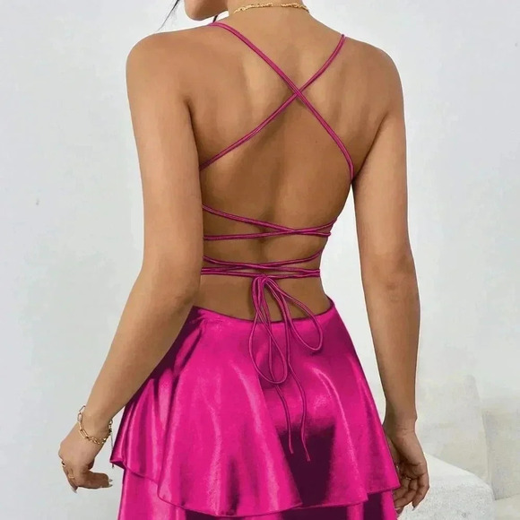 Hot Pink Sexy Women's Satin Backless Halter Neck Elegant Pleated Dress - Picture 2 of 8
